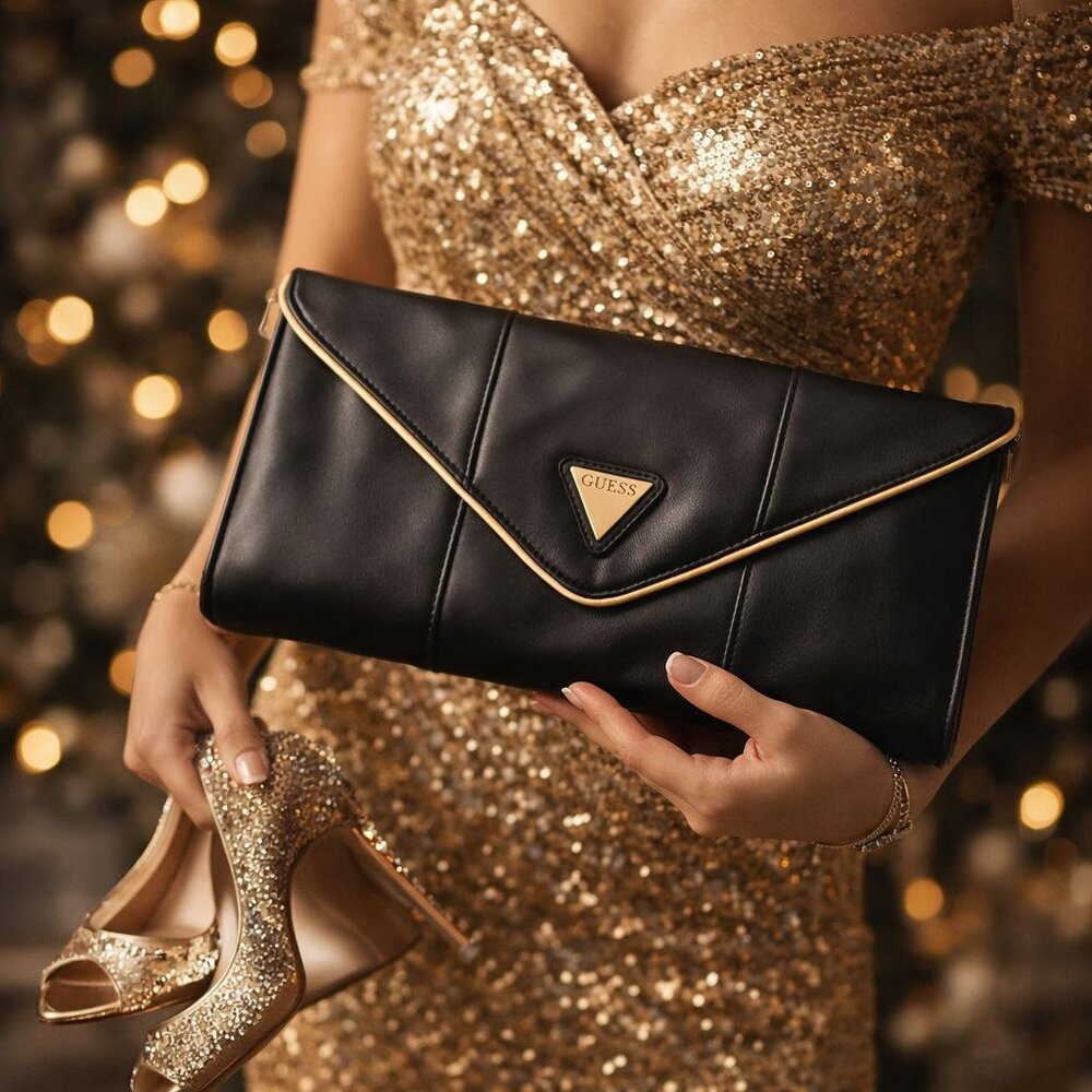 GUESS Black Envelope Clutch Gold Logo Evening Bag NWT 15" x 7"